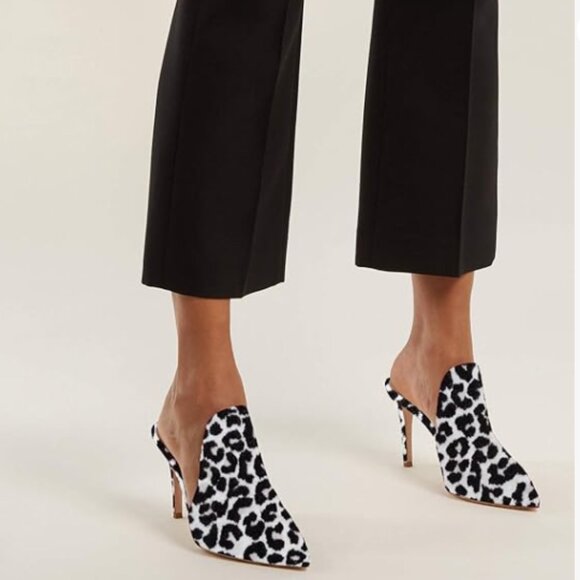 FOWT White Leopard Print Side V Cut Backless Mules Pointed Toe High Heel Shoes - Picture 1 of 8